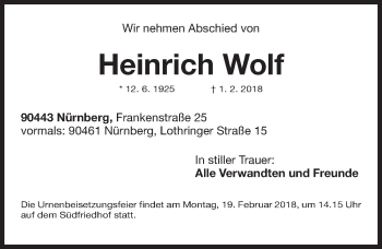 Traueranzeige von Heinrich Wolf von Gesamtausgabe Nürnberger Nachrichten/ Nürnberger Ztg.