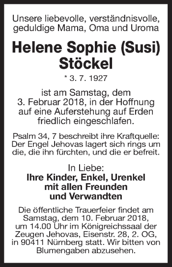 Traueranzeige von Helene Sophie Stöckel von Gesamtausgabe Nürnberger Nachrichten/ Nürnberger Ztg.