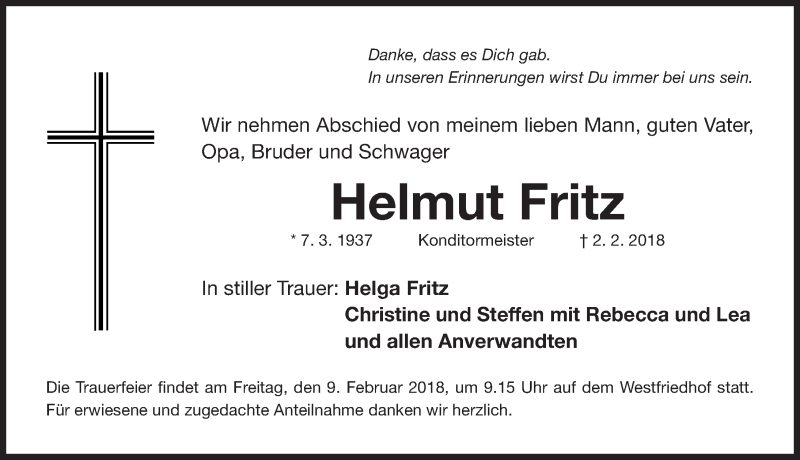  Traueranzeige für Helmut Fritz vom 07.02.2018 aus Gesamtausgabe Nürnberger Nachrichten/ Nürnberger Ztg.