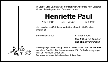 Traueranzeige von Henriette Paul von Schwabach