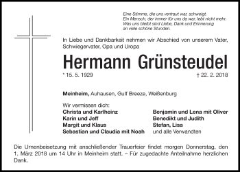 Traueranzeige von Hermann Grünsteudel von Altmühl-Bote Lokal