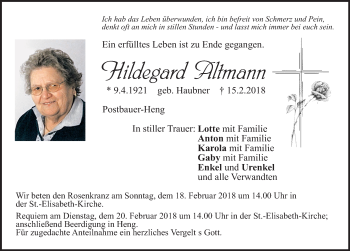 Traueranzeige von Hildegard Altmann von Neumarkter Nachrichten Lokal