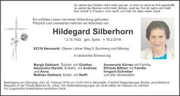 Traueranzeige von Hildegard Silberhorn von Neumarkter Nachrichten Lokal