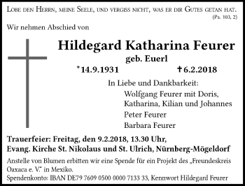 Traueranzeige von Hildegard Katharina Feurer von Gesamtausgabe Nürnberger Nachrichten/ Nürnberger Ztg.