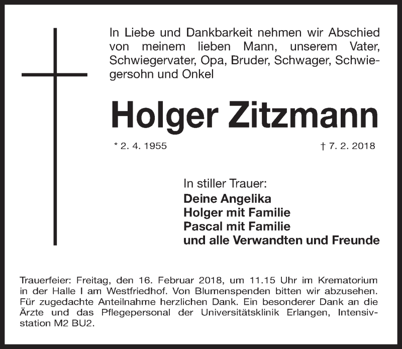  Traueranzeige für Holger Zitzmann vom 10.02.2018 aus Gesamtausgabe Nürnberger Nachrichten/ Nürnberger Ztg.