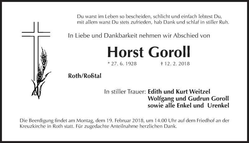  Traueranzeige für Horst Goroll vom 16.02.2018 aus Roth-Hilpoltsteiner Volkszeitung Lokal