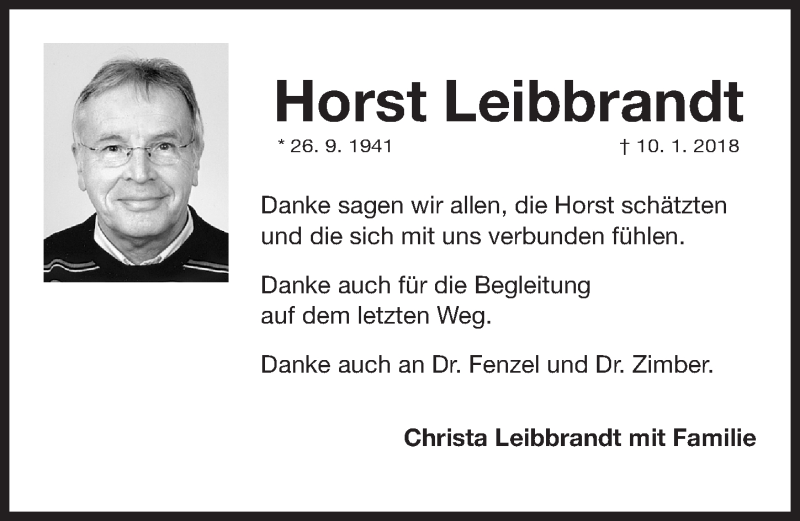  Traueranzeige für Horst Leibbrandt vom 03.02.2018 aus Gesamtausgabe Nürnberger Nachrichten/ Nürnberger Ztg.