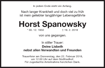 Traueranzeige von Horst Spanowsky von Gesamtausgabe Nürnberger Nachrichten/ Nürnberger Ztg.