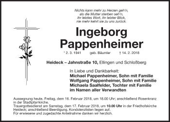 Traueranzeige von Ingeborg Pappenheimer von Roth-Hilpoltsteiner Volkszeitung Lokal