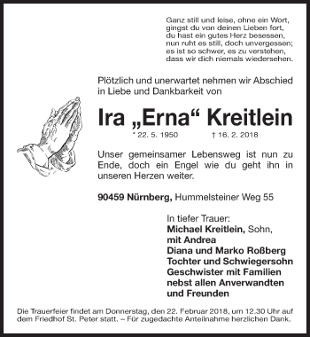 Traueranzeige von Ira Kreitlein  von Gesamtausgabe Nürnberger Nachrichten/ Nürnberger Ztg.