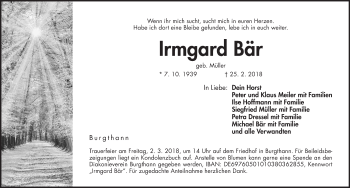Traueranzeige von Irmgard Bär von Gesamtausgabe Nürnberger Nachrichten/ Nürnberger Ztg.