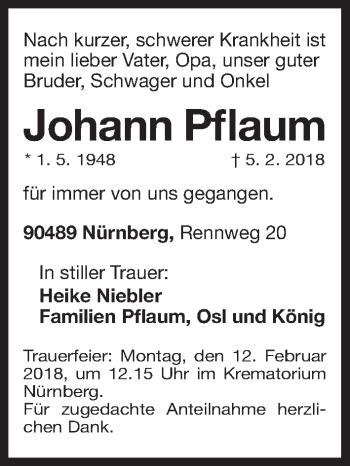 Traueranzeige von Johann Pflaum von Gesamtausgabe Nürnberger Nachrichten/ Nürnberger Ztg.