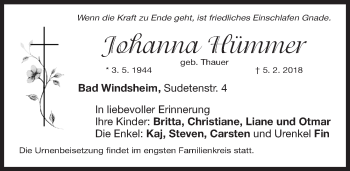 Traueranzeige von Johanna Hümmer von Windsheimer Zeitung Lokal