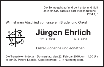 Traueranzeige von Jürgen Ehrlich von Gesamtausgabe Nürnberger Nachrichten/ Nürnberger Ztg.