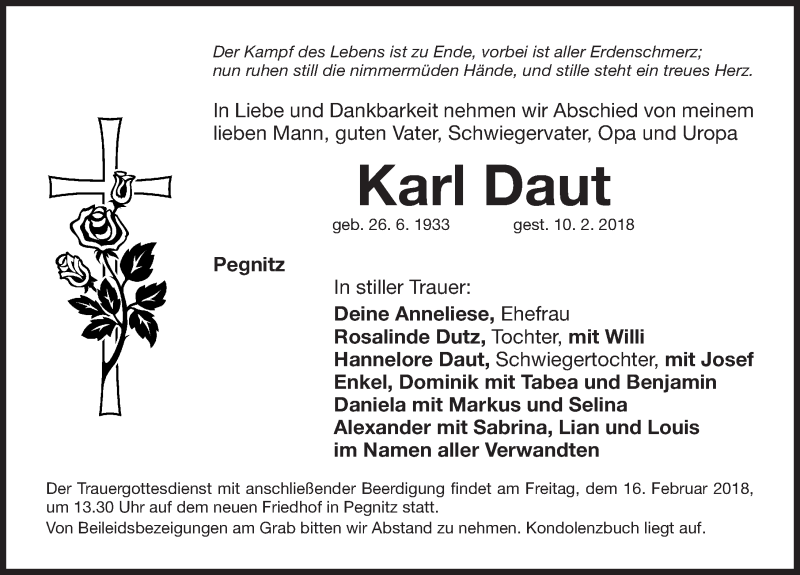  Traueranzeige für Karl Daut vom 14.02.2018 aus Nordbayerische Nachrichten Pegnitz Lokal