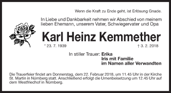Traueranzeige von Karl Heinz Kemmether von Gesamtausgabe Nürnberger Nachrichten/ Nürnberger Ztg.