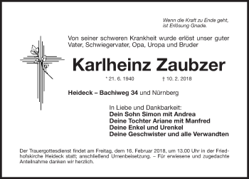 Traueranzeige von Karlheinz Zaubzer von Roth-Hilpoltsteiner Volkszeitung Lokal