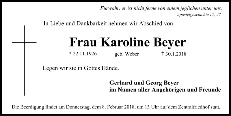  Traueranzeige für Karoline Beyer vom 03.02.2018 aus Erlanger Nachrichten Lokal