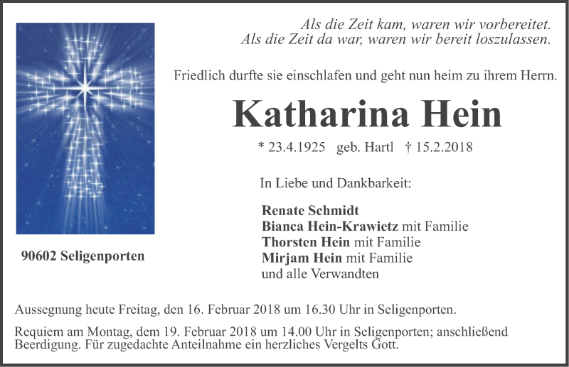  Traueranzeige für Katharina Hein vom 16.02.2018 aus Neumarkter Nachrichten Lokal