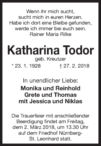 Traueranzeige von Katharina Todor von Gesamtausgabe Nürnberger Nachrichten/ Nürnberger Ztg.