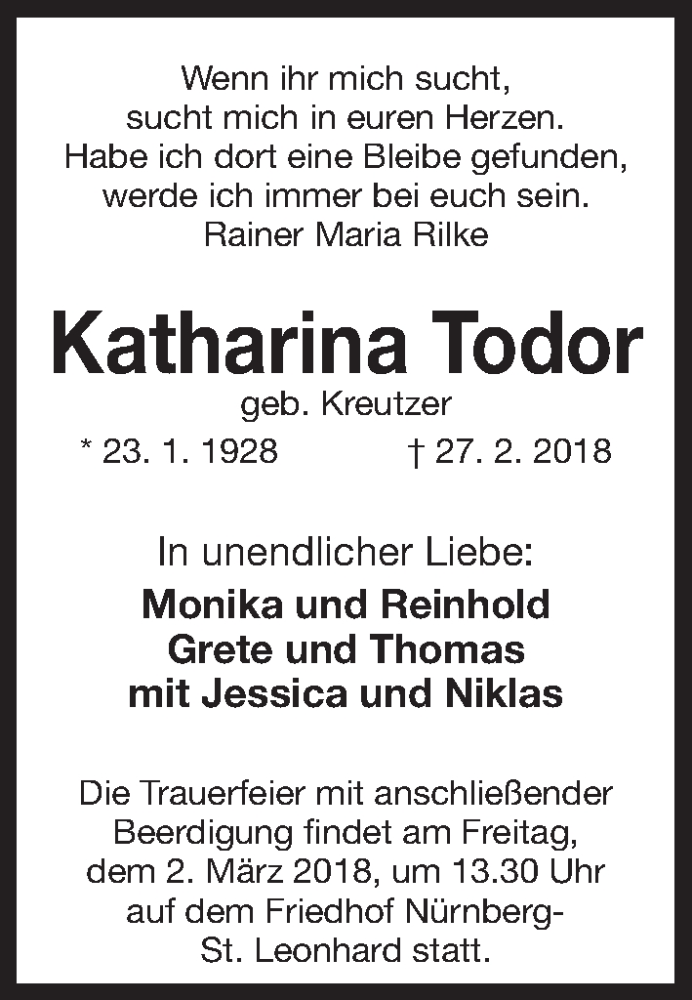  Traueranzeige für Katharina Todor vom 01.03.2018 aus Gesamtausgabe Nürnberger Nachrichten/ Nürnberger Ztg.