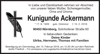 Traueranzeige von Kunigunde Ackermann von Gesamtausgabe Nürnberger Nachrichten/ Nürnberger Ztg.