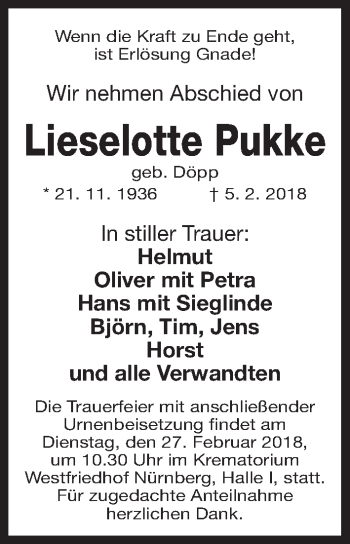 Traueranzeige von Lieselotte Pukke von Gesamtausgabe Nürnberger Nachrichten/ Nürnberger Ztg.