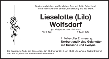 Traueranzeige von Lieselotte Wolfsdorf von Fürther Nachrichten Lokal