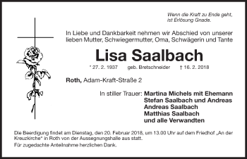 Traueranzeige von Lisa Saalbach von Roth-Hilpoltsteiner Volkszeitung Lokal