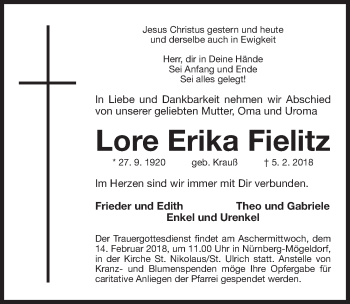 Traueranzeige von Lore Erika Fielitz von Gesamtausgabe Nürnberger Nachrichten/ Nürnberger Ztg.
