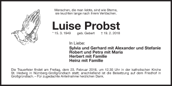 Traueranzeige von Luise Probst von Gesamtausgabe Nürnberger Nachrichten/ Nürnberger Ztg.