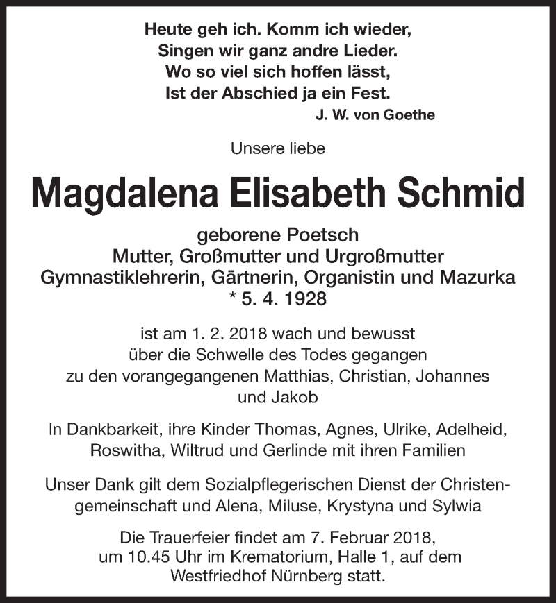  Traueranzeige für Magdalena Elisabeth Schmid vom 03.02.2018 aus Gesamtausgabe Nürnberger Nachrichten/ Nürnberger Ztg.