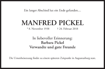 Traueranzeige von Manfred Pickel von Gesamtausgabe Nürnberger Nachrichten/ Nürnberger Ztg./ Fürther Nachrichten