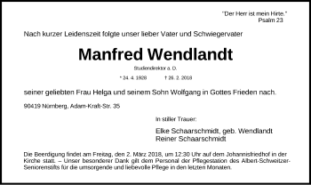 Traueranzeige von Manfred Wendlandt von Gesamtausgabe Nürnberger Nachrichten/ Nürnberger Ztg.