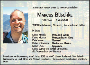 Traueranzeige von Marcus Blischke von Neumarkter Nachrichten Lokal