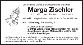 Traueranzeige von Marga Zischler von Gesamtausgabe Nürnberger Nachrichten/ Nürnberger Ztg.