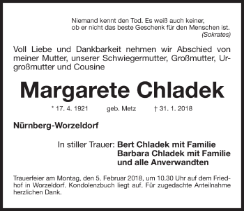 Traueranzeige von Margarete Chladek von Gesamtausgabe Nürnberger Nachrichten/ Nürnberger Ztg.