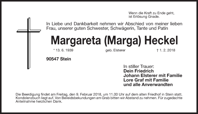  Traueranzeige für Margarete Heckel vom 07.02.2018 aus Gesamtausgabe Nürnberger Nachrichten/ Nürnberger Ztg.