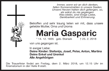 Traueranzeige von Maria Gasparic von Gesamtausgabe Nürnberger Nachrichten/ Nürnberger Ztg.