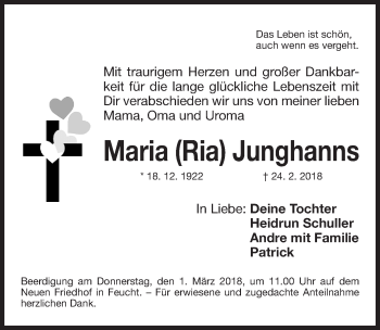 Traueranzeige von Maria Junghanns von Gesamtausgabe Nürnberger Nachrichten/ Nürnberger Ztg.