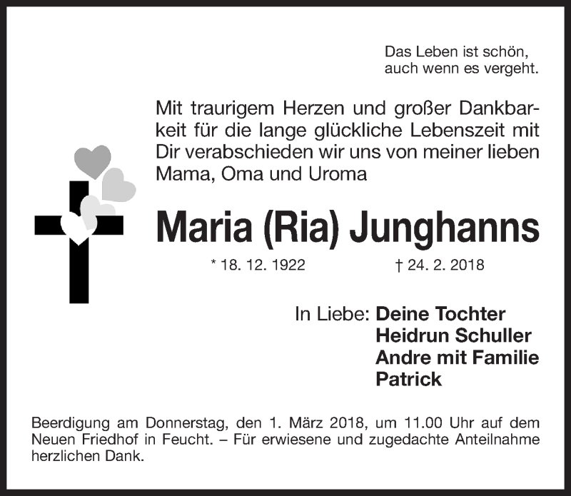  Traueranzeige für Maria Junghanns vom 27.02.2018 aus Gesamtausgabe Nürnberger Nachrichten/ Nürnberger Ztg.