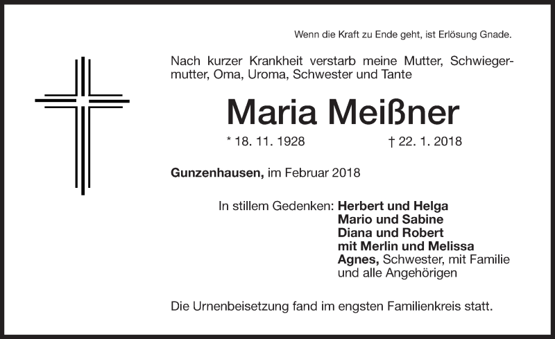 Traueranzeige für Maria Meißner vom 10.02.2018 aus Altmühl-Bote Lokal