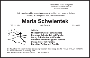 Traueranzeige von Maria Schwientek von Gesamtausgabe Nürnberger Nachrichten/ Nürnberger Ztg.