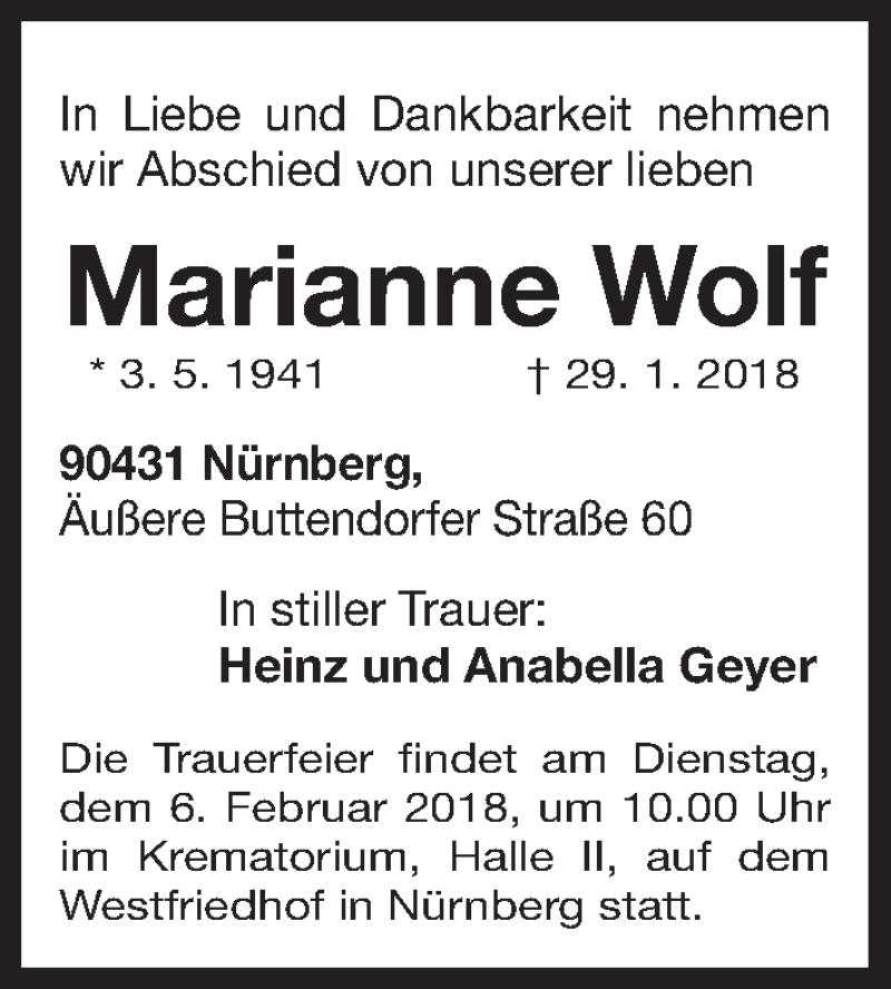  Traueranzeige für Marianne Wolf vom 03.02.2018 aus Gesamtausgabe Nürnberger Nachrichten/ Nürnberger Ztg.