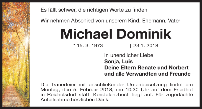  Traueranzeige für Michael Dominik vom 02.02.2018 aus Gesamtausgabe Nürnberger Nachrichten/ Nürnberger Ztg.