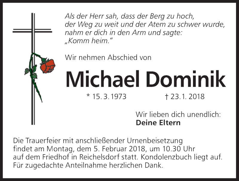  Traueranzeige für Michael Dominik vom 02.02.2018 aus Schwabach