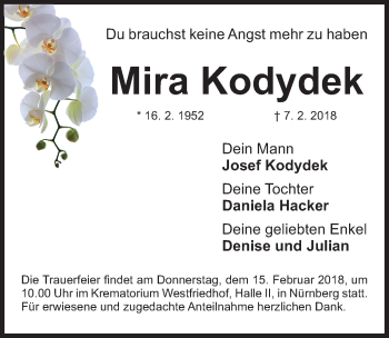 Traueranzeige von Mira Kodydek von Gesamtausgabe Nürnberger Nachrichten/ Nürnberger Ztg.
