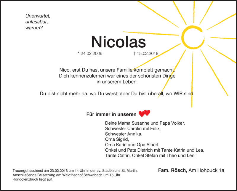  Traueranzeige für Nicolas  vom 21.02.2018 aus Schwabach