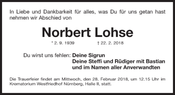 Traueranzeige von Norbert Lohse von Gesamtausgabe Nürnberger Nachrichten/ Nürnberger Ztg.