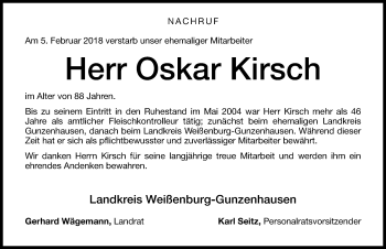 Traueranzeige von Oskar Kirsch von Altmühl-Bote Lokal